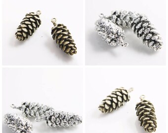 2 Pieces Antique Brass Tone or Oxidized Silver Tone Base Metal Charm - Pine Cones 42x15mm (22332Y)A50