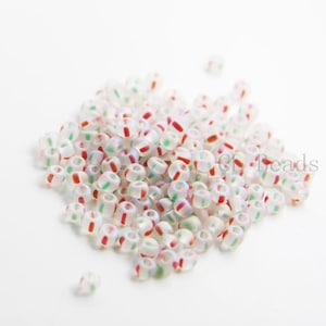 10 Grams Czech Rocailles Preciosa 6/0  Seed Beads - Matte Transparent Striped Red and Green -Size 6 (6C5-1779-Q-417)