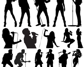 May include: Silhouettes of people singing with microphones. Some are holding guitars and others are standing on stages. The image is in black and white.