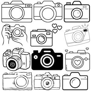 May include: A collection of ten black and white camera illustrations. The cameras are drawn in various styles, including vintage, modern, and cartoonish. Some cameras have hearts or other decorative elements.