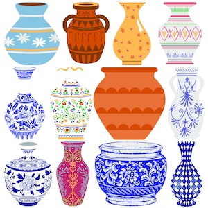 May include: A collection of 11 decorative ceramic vases in various styles and colors. The vases feature floral, geometric, and abstract designs. Some of the vases are blue and white, while others are red, orange, green, and yellow.