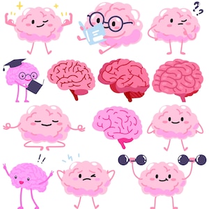 Peut inclure: Plusieurs illustrations de cerveaux roses de dessins animés avec diverses expressions et activités. Certains cerveaux lisent, soulèvent des poids, méditent ou portent des lunettes et un chapeau de graduation. L'image a un thème ludique et éducatif.