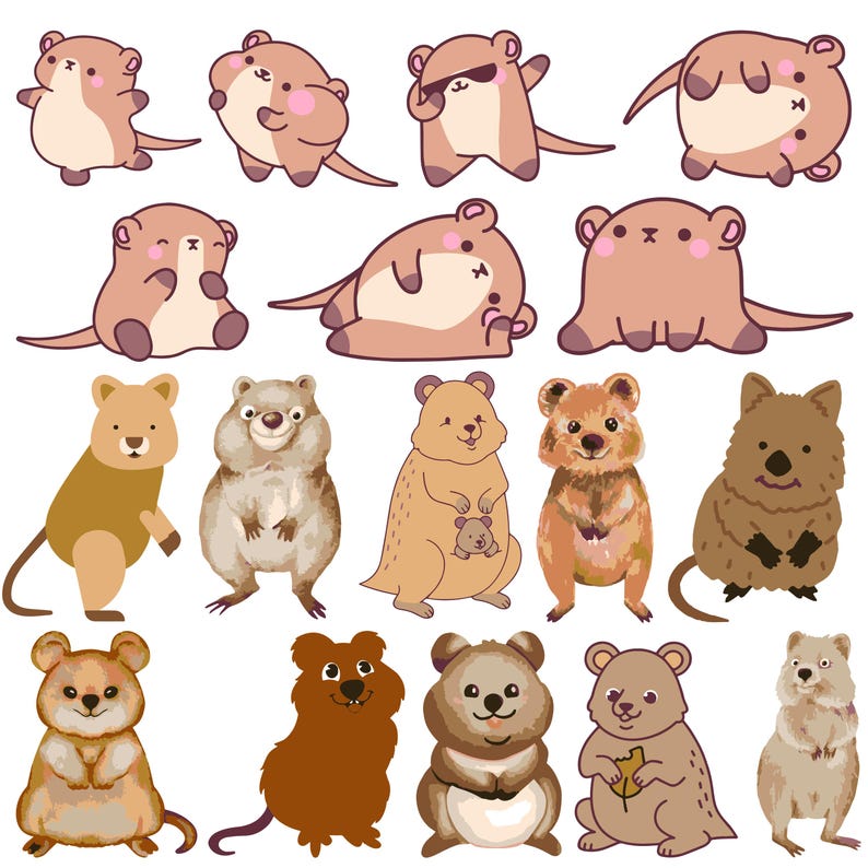 May include: A collection of cute cartoon animals, including a quokka, a wombat, and a koala, in various poses. The animals are drawn in a cartoon style with bright colors and simple details.