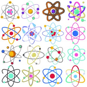 May include: A set of 16 colorful illustrations of atoms with different numbers of protons, neutrons, and electrons. The atoms are drawn in a cartoon style with simple lines and bright colors.