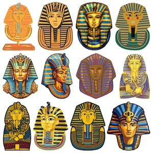May include: A set of 10 colorful illustrations of pharaohs wearing traditional Egyptian headdresses. The pharaohs are depicted in a variety of poses and expressions, with some wearing jewelry and others holding staffs. The illustrations are set against a white background.
