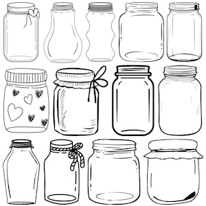 Op de afbeelding: Een verzameling van 12 zwart-witte lijntekeningen van verschillende glazen potten met deksels. De potten zijn allemaal in verschillende vormen en maten, en sommige hebben decoratieve details zoals harten of ruches.