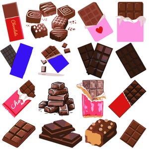 May include: An assortment of chocolate bars and pieces in various shapes and sizes. Some are wrapped in foil, others are unwrapped. The chocolate is dark brown and some pieces have a light brown color. The word "Chocolate" is written on one of the bars.