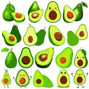 May include: A collection of 20 cartoon avocado illustrations. The avocados are green and brown with some having cute faces.