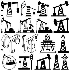 May include: Black and white illustrations of various oil rigs and oil derricks. The illustrations are in a simple, cartoon style.