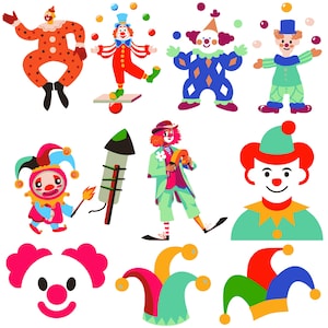 May include: A collection of colorful cartoon clowns in various poses. Some are juggling balls, while others are standing or smiling. The clowns wear a variety of outfits, including polka dots, diamonds, and stripes. There is also a rocket and a jester's hat.