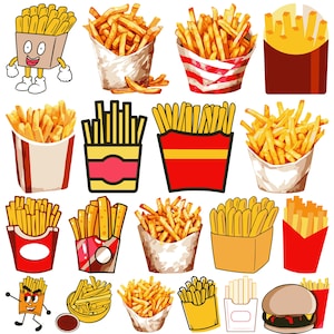 Peut inclure: Une collection de frites de dessin animé dans divers contenants, y compris des contenants à rayures rouge, blanc et bleu, des contenants rouge et blanc et des contenants blancs. Certaines des frites portent des visages et ont des bras et des jambes.