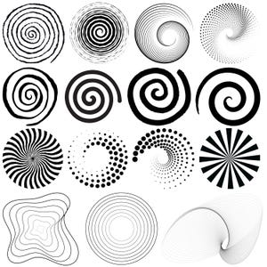 Puede incluir: Un conjunto de 15 diseños de espiral en blanco y negro. Las espirales son de varios estilos, incluyendo punteado, rayado y sólido.