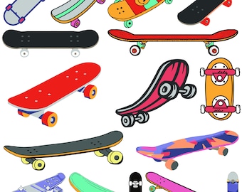 May include: A collection of colorful skateboards with various designs, including a red and black skateboard, a green and white skateboard, a blue and white skateboard, a yellow and green skateboard, and a black and white skateboard.