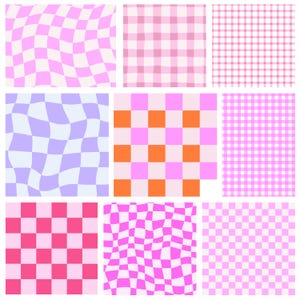 Op de afbeelding: Negen verschillende geruite patronen in roze, oranje, paars en wit. De patronen omvatten gingham, ruit en golvende geruite ontwerpen.