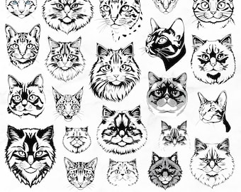 Cat Heads SVG Bundle, All Cat Pet breed Silhouettes & Cut Files for Cricut, Laser cut, svg, png, dxf Vector Graphics Commercial use, PNG