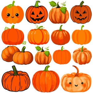 Puede incluir: Una colección de 14 calabazas naranjas con diferentes expresiones faciales. Algunas calabazas tienen una cara de calabaza tallada, mientras que otras tienen ojos de dibujos animados lindos y sonrisas.