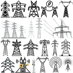Puede incluir: Una colección de ilustraciones en blanco y negro de varios tipos de torres eléctricas y antenas. Las ilustraciones son simples y estilizadas, y representan diferentes tipos de torres, incluidas las que se utilizan para líneas eléctricas, servicio de telefonía móvil y transmisión de radio.