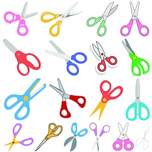 May include: A collection of 15 colorful scissors with different designs and styles. The scissors are all open and ready to cut.