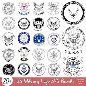 May include: A collection of over twenty US military logos in a variety of circular designs. The logos feature eagles, anchors, and other emblems associated with the Army, Navy, Air Force, and Coast Guard. The text "US Military Logo SVG Bundle" is at the bottom.