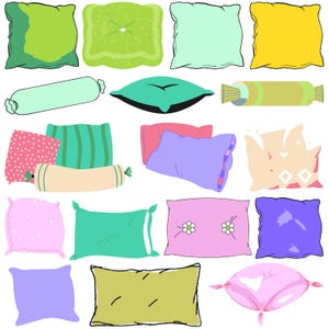 Peut inclure: Une collection d'oreillers colorés de formes et de tailles variées, notamment rectangulaires, carrés et cylindriques. Les oreillers sont décorés de motifs différents, tels que des pois, des rayures et des motifs floraux.
