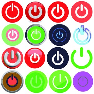 Puede incluir: Una colección de 16 iconos de botón de encendido en varios colores y estilos. Los iconos son circulares, cuadrados y rectangulares, y presentan diferentes diseños, incluyendo un simple interruptor de encendido/apagado, una luz brillante y un símbolo de encendido estilizado.