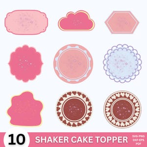 May include: A collection of ten pink and white shaker cake toppers in various shapes, including a cloud, hexagon, and circle. The toppers have a speckled design and the text "10 SHAKER CAKE TOPPER" is at the bottom.