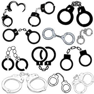 May include: A set of ten black and silver handcuffs, some with chains, some with clasps, and some with a double ring design. The handcuffs are isolated on a white background.