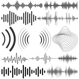 May include: A set of black and white sound wave illustrations. The illustrations include different styles of sound waves, including a traditional waveform, a more abstract waveform, and a circular waveform.