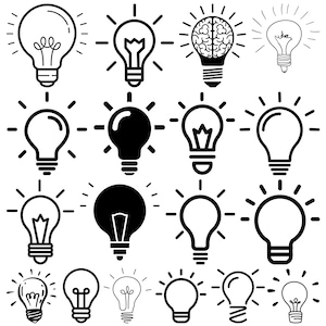 May include: A set of 16 black and white light bulb icons. The light bulbs are drawn in a simple, cartoon style. Some of the light bulbs have a brain inside, while others have a traditional filament.