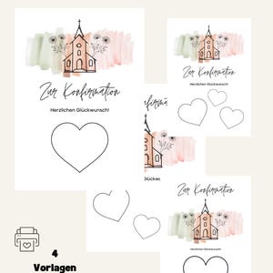 Könnte beinhalten: Vier druckbare Karten mit Aquarellhintergründen und einer Kirchenillustration. Jede Karte trägt den Text "Zur Konfirmation" und "Herzlichen Glückwunsch!" sowie eine Herzform zum Schreiben einer Nachricht.