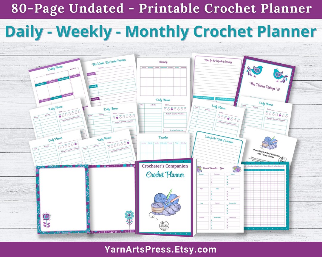 Printable Crochet Planner - 80-pages - Daily, Weekly, Monthly Pages PDF Digital Download ...