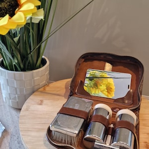 Vintage Gillette Shaving Travel Kit – 1940s Chrome Razor, Brush & Mirror Set – Made in England – Leather Case – Father&#39;s Day Gift