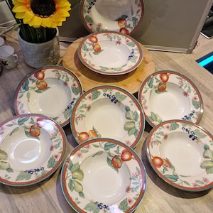 Set of 8 Vintage Johnson Brothers Fresh Fruit Bowls | 21.5cm Rimmed Soup Plates | English China | Discontinued Pattern