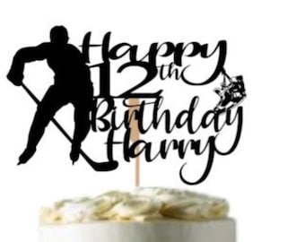Adorno personalizado para tarta de cumpleaños de hockey sobre hielo: decoración deportiva con purpurina