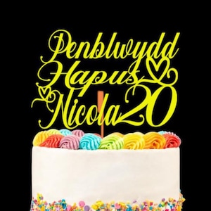 Décoration de gâteau personnalisée joyeux anniversaire gallois Penblwydd Hapus, tous les noms et tous les âges, décoration de fête, carte de paillettes avec le nom de votre choix