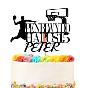 Basket-ball personnalisé Gallois Penblwydd Hapus pour gâteau personnalisé joyeux anniversaire nom et âge gâteaux Art déco paillettes carte Pays de Galles garçons filles