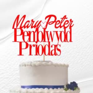Adorno para tarta de aniversario de boda personalizado con dos nombres en galés, tarjeta con purpurina en forma de corazón, regalo para pareja.