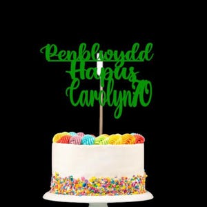 Adorno personalizado para tarta de cumpleaños de Hapus de Penblwydd galés, decoración de corazón de Gales personalizada, cualquier nombre y edad, tarjeta con purpurina, regalo artístico para tartas galesas, dorado