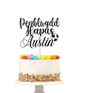 Topo de bolo personalizado para bola de futebol Hapus, nome e idade personalizados, cartão de glitter, decoração de bolo de feliz aniversário, esporte