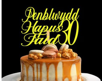 Personalized Penblwydd Hapus Cake Topper – Welsh Glitter Birthday Decoration