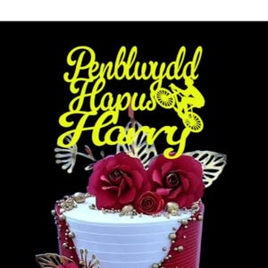 Personalisierter Radfahrer-Walisischer Penblwydd Hapus alles Gute zum Geburtstagtorten-Deckel-kundenspezifischer Name und Alter Kuchen Art Decor Glitter Card Wales Jungen und Mädchen