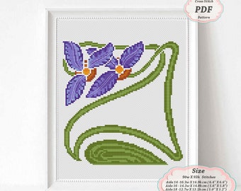 Blue Orchids Art Nouveau Floral borders - Cross Stitch PDF Pattern for Pillowcase, Victorian Era style Home decor
