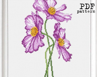 Pink cosmos flowers - Cross Stitch PDF Pattern - Modern Embroidery - XStitch botanical art