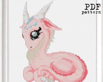 Pale Pink little Dragon Cross Stitch PDF Pattern, Modern embroidery nursery decor hoop art
