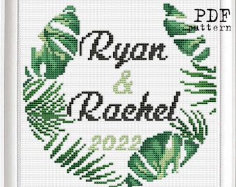 Pattern: Wedding record Monstera Tropical Leaf Cross Stitch PDF sampler Custom text Quotes Modern embroidery