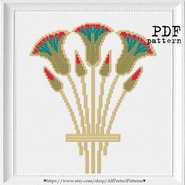 Art Deco Nymphaea Lotus Cross Stitch PDF Pattern Modern Embroidery Floral border Flower bouquet in Ancient Egyptian Style