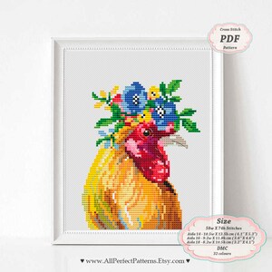 Op de afbeelding: PDF-patroon voor kruissteek met een haan met een kleurrijke bloemenkrans. Het patroon is 58 steken breed en 74 steken hoog en gebruikt 32 kleuren.