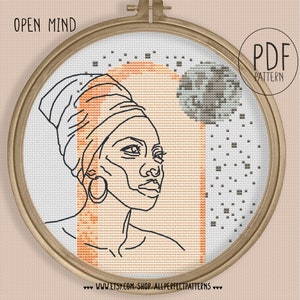Cross stitch PDF Pattern: Open mind - one line art female figure woman body neutral boho terracotta abstract minimalist art