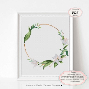 Lily Flower - aangepaste geboorte/huwelijksaankondiging Cross Stitch chart digitale PDF Patroon, Flower Floral sampler randen voor kussen