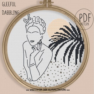 Pattern: Gleeful Dabbling - one line art female figure woman body art neutral boho terracotta cross stitch PDF abstract minimalist art